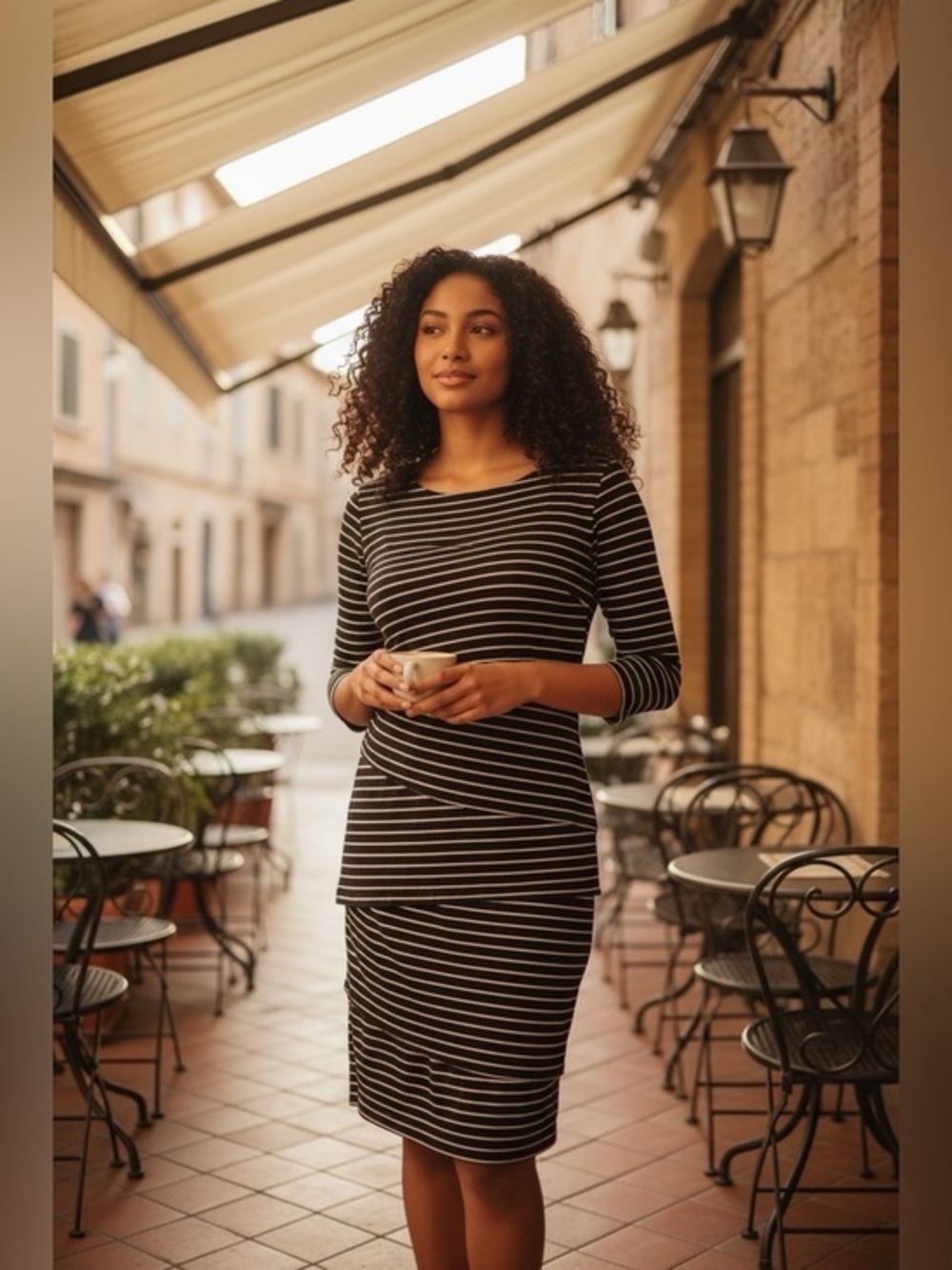 🫶🏻 AB Studio Striped Black and Tan 3/4 Sleeve Shift Dress